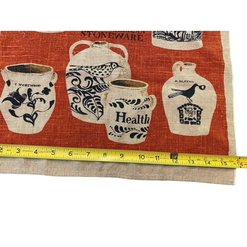 Vintage Early American Stoneware Linen Kitchen Tea Towel Rust Orange Jars Crocks